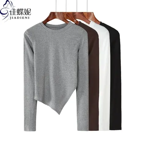 秋冬新款圆领修身显瘦纯欲开叉纯棉不规则纯色长袖体恤上衣女打底商品大图