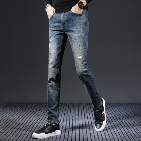 蓝色破洞牛仔裤男款2023新款修身小脚弹力休闲男士牛仔长裤秋冬款商品大图