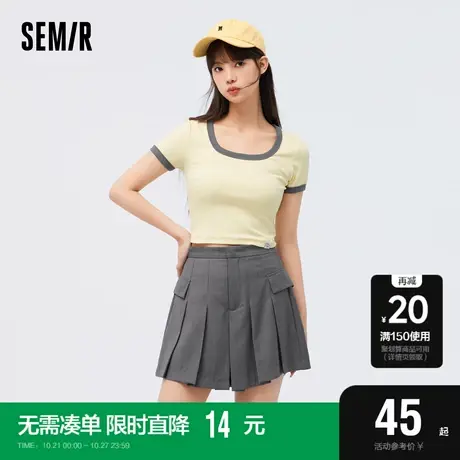 森马短袖T恤女2023年夏季新款短款正肩小性感内搭撞色条纹肌商品大图