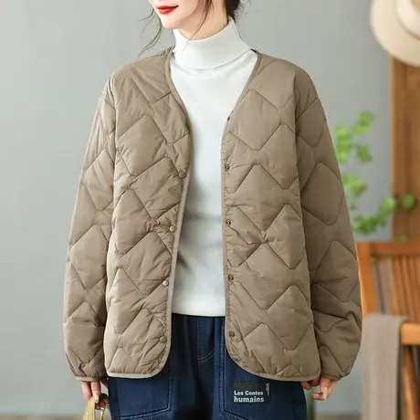dza复古宽松V领菱格棉衣外套女士2023冬新款休闲短款棉服保暖棉袄图片