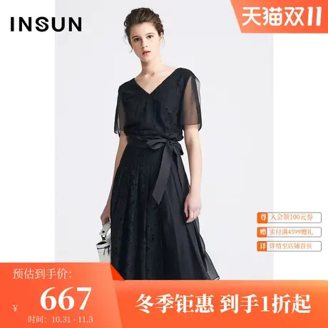 INSUN/恩裳商场同款长款蕾丝系带收腰黑色v领连衣裙图片