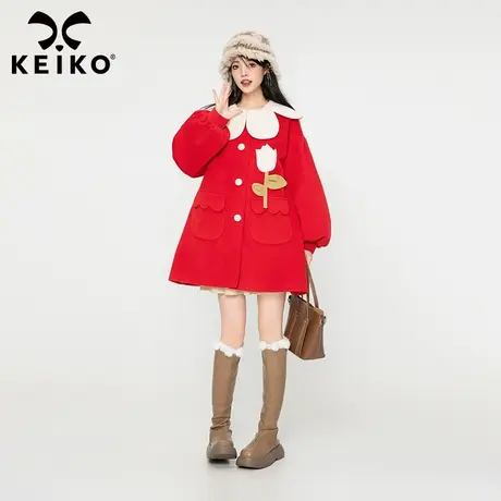 KEIKO 设计感花形领毛呢外套女2023秋冬新年红色手工扎花呢子外套商品大图