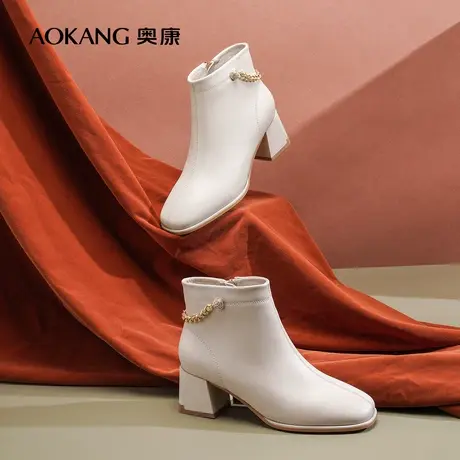 【门店发货】奥康女鞋冬季加绒加厚保暖冬季时装短靴女靴子粗跟潮商品大图