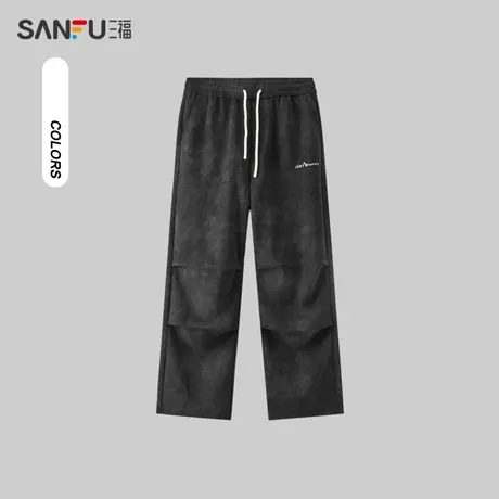 三福2023冬男士英文刺绣灯芯绒休闲裤 街头宽松直筒长裤478750商品大图