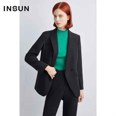 恩裳商场同款秋季简约撞色线条点缀通勤百搭黑色羊毛西装商品大图