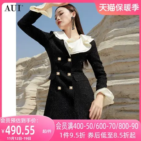 AUI黑色名媛气质收腰小香风外套女2023冬新款高端中长款修身大衣图片