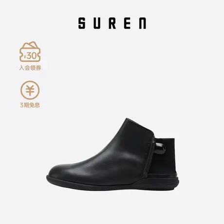 素人SUREN 春秋新款牛皮短靴女单层皮靴时尚及裸靴子套脚 Y057商品大图