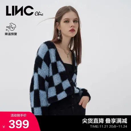 LINCCHIC金羽杰针织衫女轻奢短箱棋盘格针织开衫上衣S223CR752商品大图
