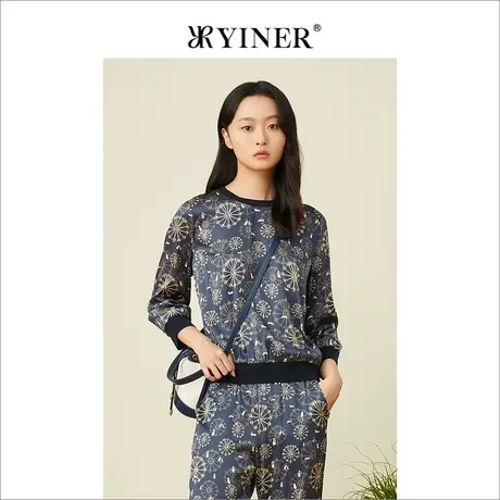 YINER音儿专柜女装2022夏季新款质感印花桑蚕丝圆领T恤商品大图