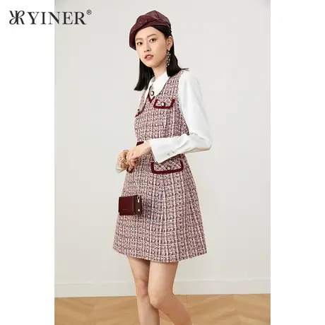 YINER音儿奥莱女装冬季雪纺袖拼接粗花呢连衣裙图片