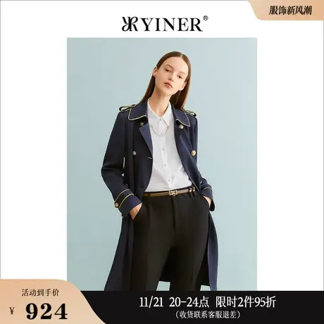 YINER音儿线上专选女装2023秋季复古英伦双排扣风衣翻领外套商品大图