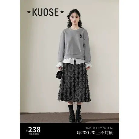 阔色假两件卫衣拼接衬衫女2023秋冬季新款灰色叠穿设计感套头上衣商品大图