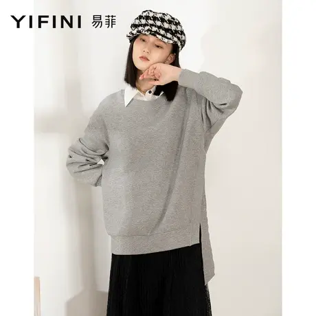 Yifini/易菲春秋季新款韩版纯色宽松卫衣侧边开叉套头上衣女简约商品大图