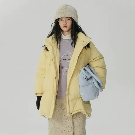 omont蛋挞家 90白鸭绒黄色连帽羽绒服女冬季宽松软糯不规则厚外套商品大图