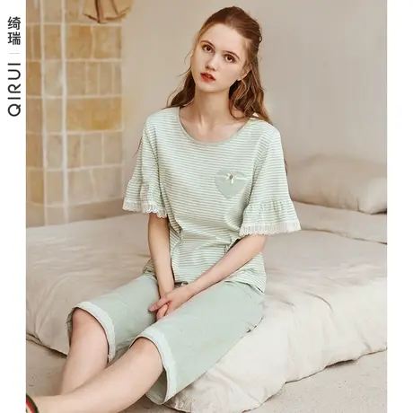 绮瑞睡衣女夏七分裤纯棉女士夏季半袖大码套装彩棉妈妈夏款家居服商品大图