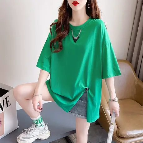 设计感小众短袖t恤女夏韩版宽松大码女装中长款不规则开叉上衣服商品大图