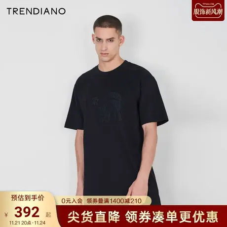 【猫咪刺绣】TRENDIANO轻奢纯棉T恤2023夏款纯色短袖上衣宽松潮牌商品大图