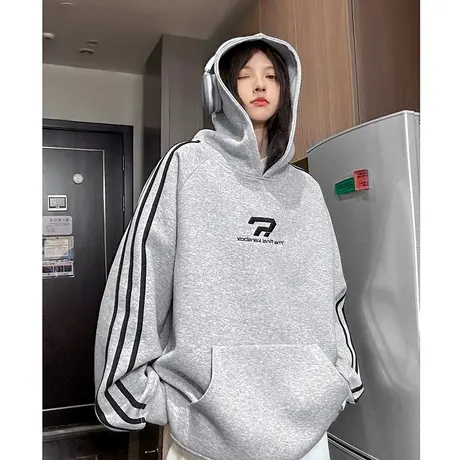 美式复古条纹刺绣卫衣男春秋季新款情侣连帽运动外套潮牌百搭上衣商品大图