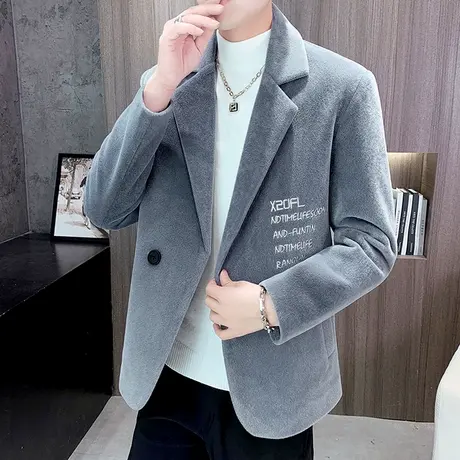 毛呢外套男士秋冬季加厚潮流男装仿水貂绒小西装韩版休闲秋装夹克商品大图
