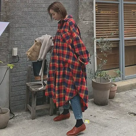 春秋新款大摆格子长袖衬衫连衣裙女过膝长款韩版宽松大码时尚衬衣商品大图