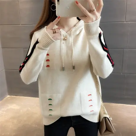 秋款毛衣女2018新款学生韩版宽松外穿条纹破洞套头连帽针织卫衣女图片