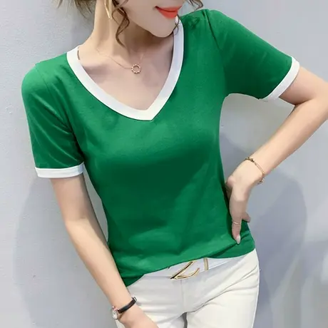 女装2023新款时尚撞色T恤女短袖夏简约百搭V领上衣显瘦半袖体恤衫商品大图