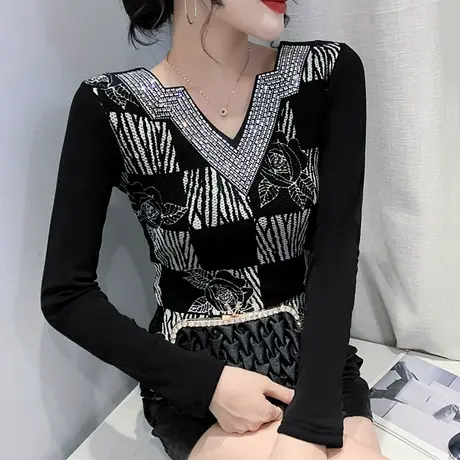 时尚烫钻长袖T恤修身V领小衫复古印花上衣百搭加绒打底衫女秋冬潮商品大图