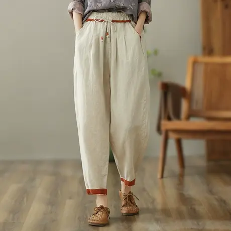 dza 高腰显瘦纯亚麻休闲裤女士2023春夏新款阔腿直筒裤九分哈伦裤图片