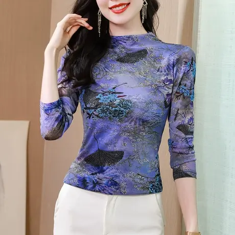 秋季2024新款半高领网纱打底衫女长袖减龄气质上衣别致印花雪纺衫图片