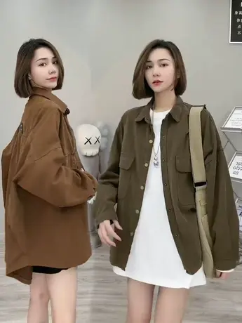 春秋纯色外套衬衫女宽松中长款韩版港味休闲叠穿新款韩版长袖衬衣商品大图