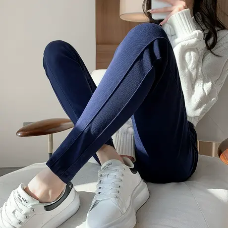 克莱因蓝加绒打底裤女外穿显瘦秋冬拼接高腰紧身深蓝色小脚铅笔裤商品大图