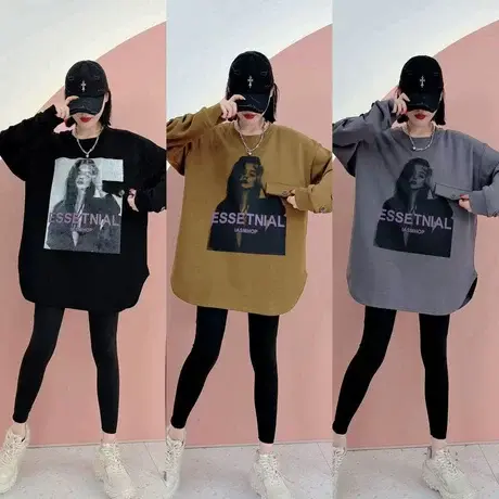 2023早秋新款韩版不规则宽松中长个性印花长袖女上卫衣T恤打底衫商品大图