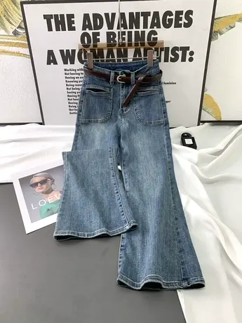 韩版口袋牛仔喇叭裤女2023秋季新款显瘦百搭高腰弹力马蹄九分裤潮商品大图