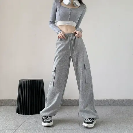 潮酷工装裤女秋季2023新款松紧腰宽松阔腿裤百搭束脚休闲裤运动裤商品大图