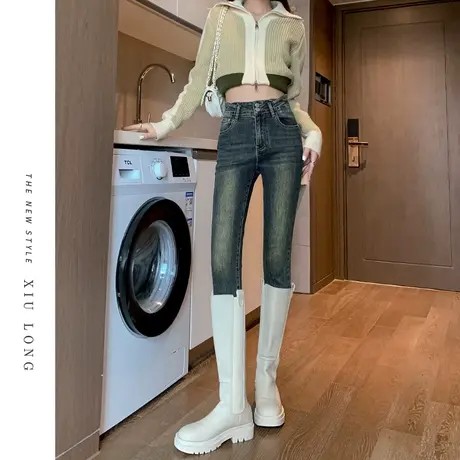 复古小脚牛仔裤女秋季2023新款小众弹力高腰显瘦紧身大码铅笔裤子图片