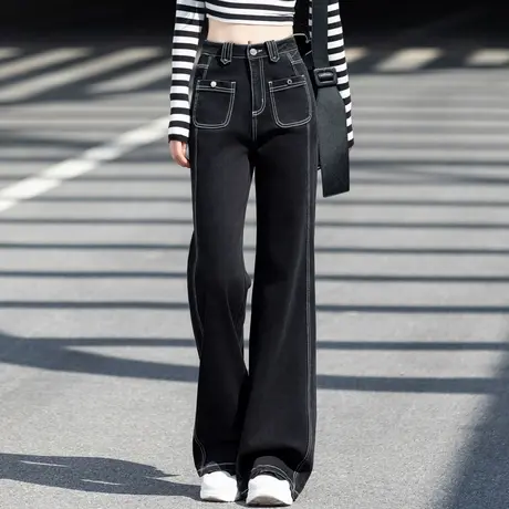 黑色牛仔裤女春秋季裤子女2025新款微喇叭裤女士直筒裤宽松阔腿裤商品大图