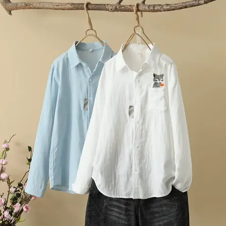 春秋新款日系文艺刺绣上衣打底长袖双层纱纯棉衬衫女学生宽松衬衣图片