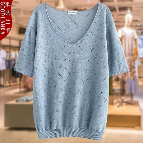 中年妈妈夏季薄款镂空针织衫上衣大码宽松时尚遮肚短袖冰丝T恤女商品大图