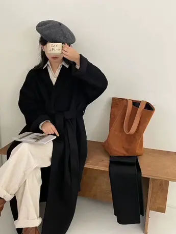 澳洲羊毛大衣女长款2023秋冬新款赫本极简围脖领长绒双面毛呢外套图片