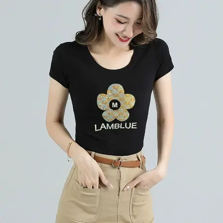 纯棉烫钻T恤女字母短袖2023夏漂亮图案修身显瘦内搭洋气半袖上衣商品大图