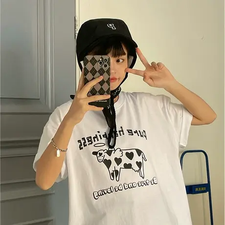 红续原创2023早春新款可爱奶牛纯棉圆领宽松bf短袖T恤女上衣ins潮商品大图