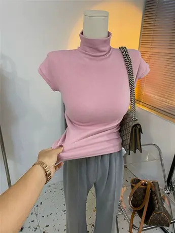 墙推敲欲的~高领立领双面绒加厚磨毛短袖修身T恤女包裹性好打底衫商品大图