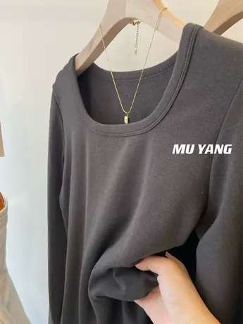 方领显锁骨~U领加绒加厚长袖纯色显瘦打底衫T恤女秋冬内搭上衣服商品大图