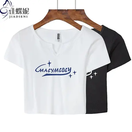 夏季新款开领修身短款纯欲性感露脐纯棉印花短袖体恤上衣女打底衫商品大图