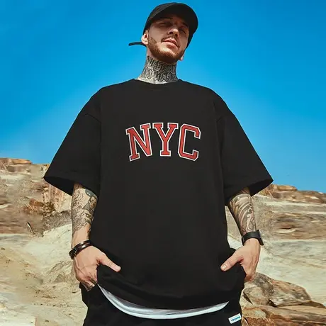 高街潮牌宽松T恤简约短袖男加肥加大五分袖纯棉肥佬大码男装夏季商品大图