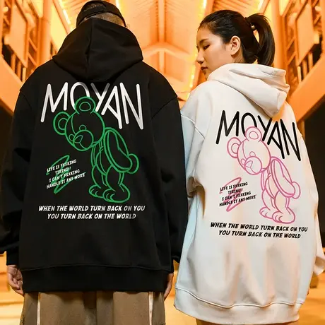 国潮oversize小熊连帽卫衣男潮牌ins潮流大码男加绒秋冬季情侣装图片