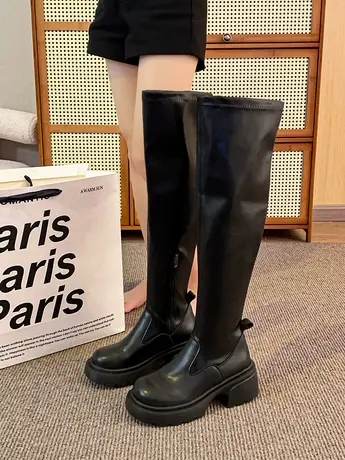 网红厚底过膝靴女2023新款秋冬季粗腿长筒靴弹力长靴显瘦骑士靴子商品大图