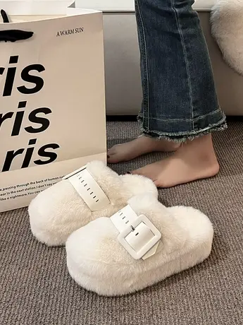 松糕厚底增高毛毛拖鞋女外穿2023新款秋冬季高级感毛绒包头棉拖鞋商品大图