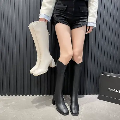 长筒靴女2023冬季新款配裙子靴子高跟粗跟爆款复古显瘦v口骑士靴图片