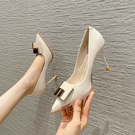 2024秋冬新款性感尖头方扣浅口高跟鞋女细跟法式少女性感气质单鞋图片